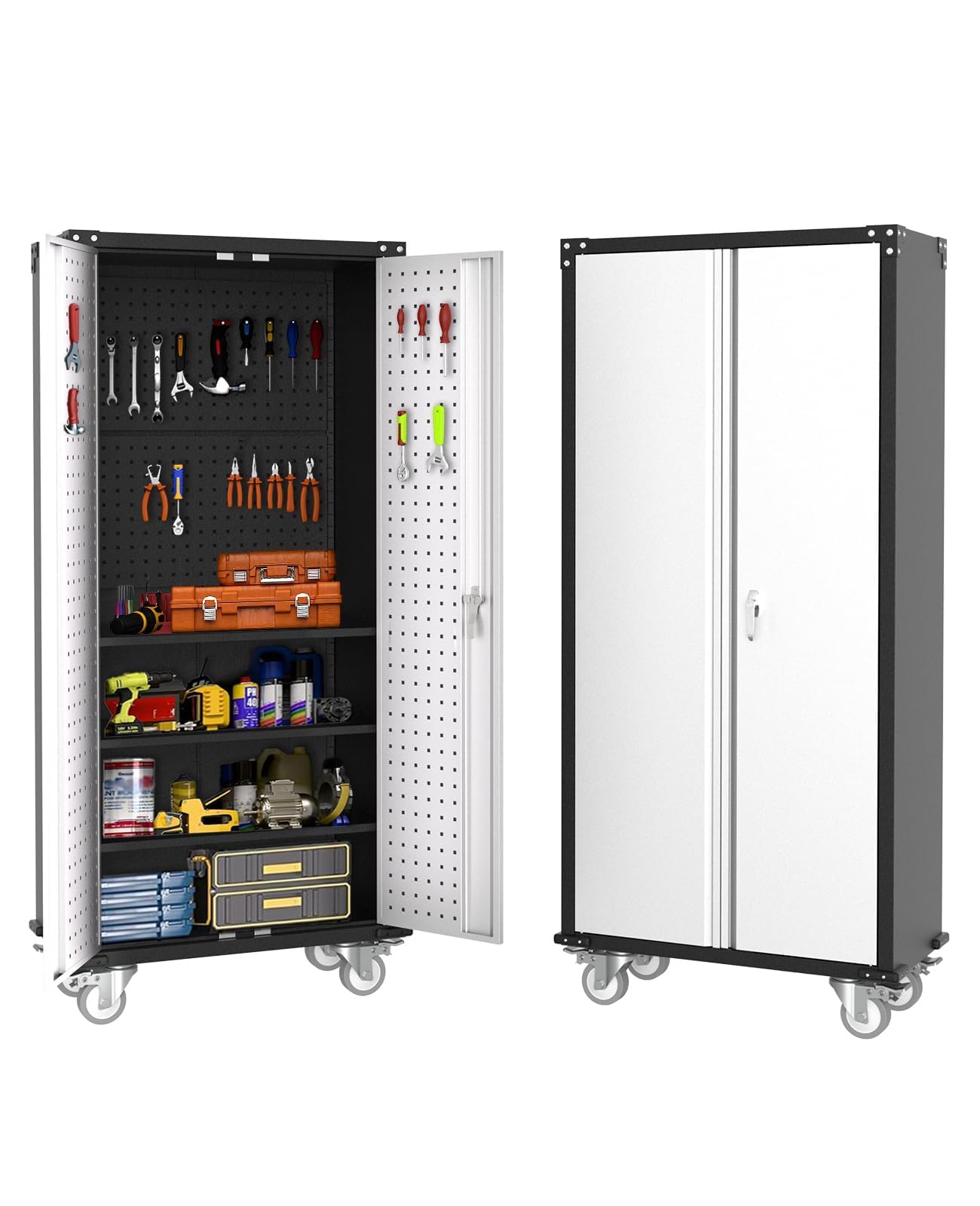 Garvee Cabinet Metal Storage Cabinet with Wheels, Heavy Duty Steel Rolling Organizer with Lockable Doors, Adjustable Shelves, Utility Garage Cabinet for Home, Office, Workshop, Laundry Room, Kitchen