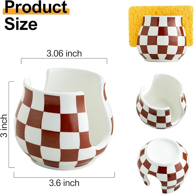 Checkered Sponge Holder for Kitchen Sink Counter, Ceramic Dish Sponge Caddy