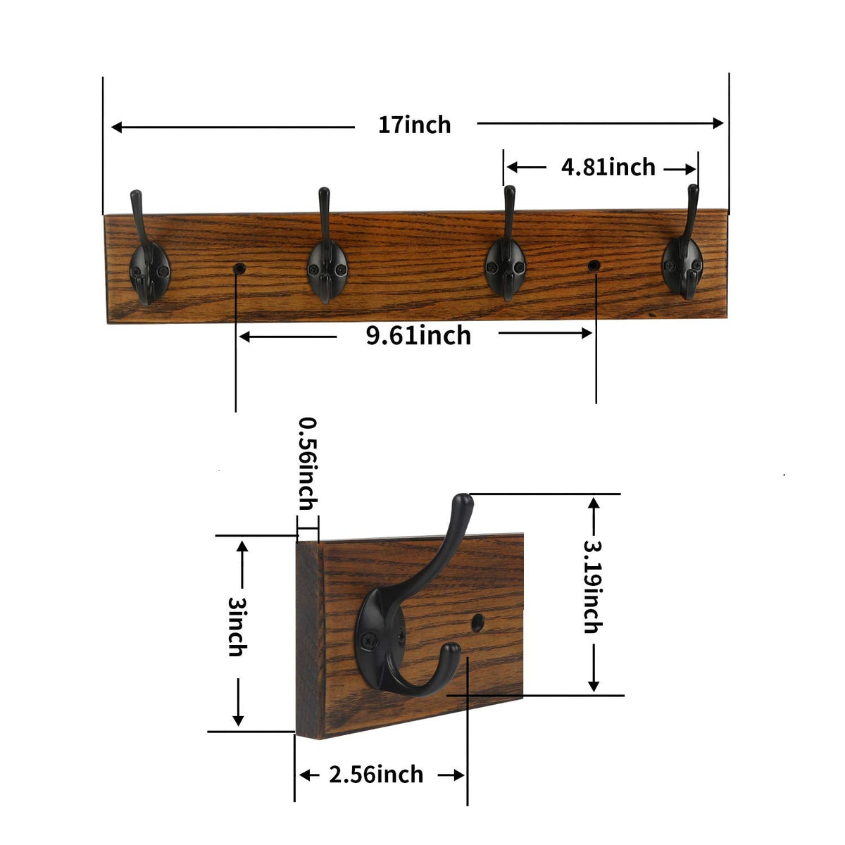 YTJG Coat Rack Wall Mounted, Wall Coat Rack with 4 Rustic Coat Hooks, 17” Entryway Ash Wood Coat Hanger Rail Hooks for Hanging Coats Hats, Perfect for Bedroom Bathroom Kitchen