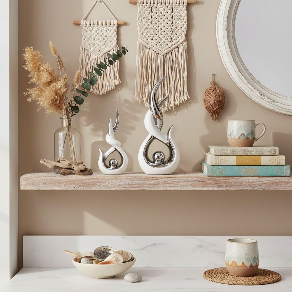 White Silver Ceramic Abstract 2 Piece Statue Set,Mid Century Modern Abstract Art Home Decor Statue Mantelpiece on Unique Shelf Decor, TV Cabinet Divider Table top and Dining Table Centerpiece