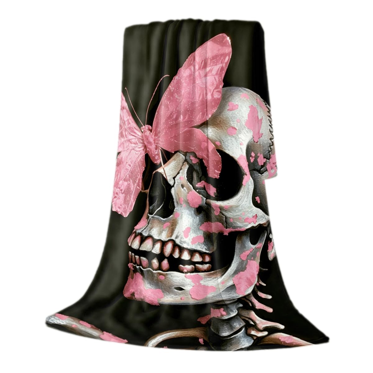 HUNXIAOJ Skull Butterfly Blanket Gifts Pink Gothic Decor Butterfly Skeleton Throw Blanket Soft Flannel Skull Bedding for Couch Bed Living Room Home Halloween Decor 49"x59"