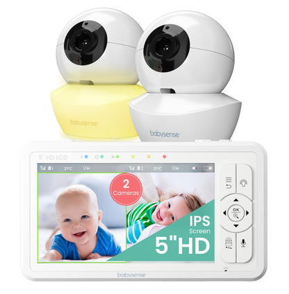 Babysense 5" HD Split-Screen Baby Monitor, Video Baby Monitor with Camera and Audio, Two HD Cameras 720p, Night Light, 300m Range, Two-Way Audio, 4x Zoom, Night Light, 4000mAh Battery