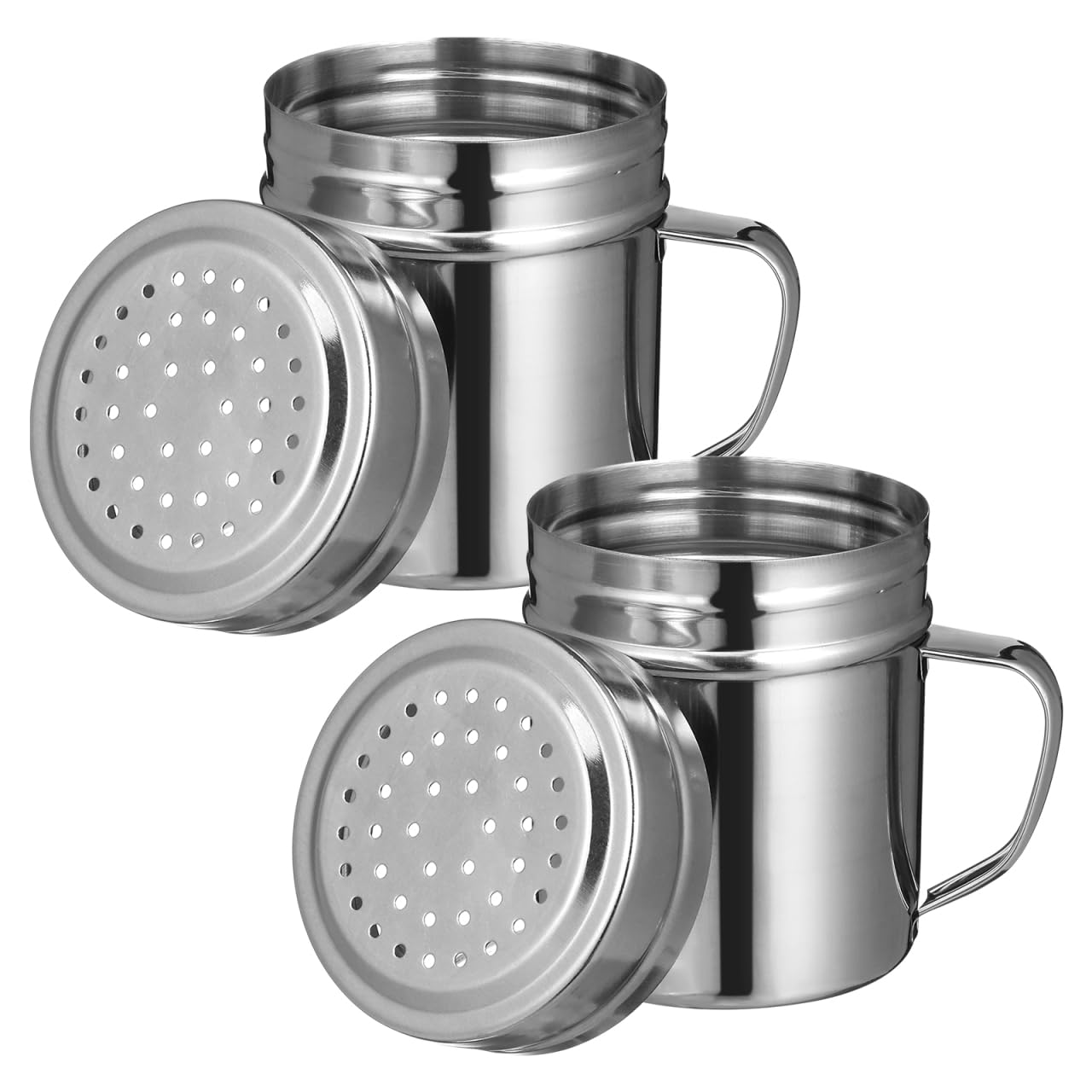 Stainless Steel Salt and Pepper Shakers: 2Pcs Set Metal Spice Seasoning Dredge Dispenser with Handle, Powder Sugar Flour Container for Kitchen Cooking