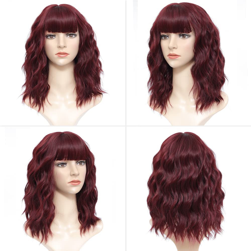 Colorfulpanda Short Bob Wigs for Women Wine Red Wavy Curly Wig with Bangs Natural Synthetic Heat Resistant Hair Wig Cosplay or Daily Use 14 Inch