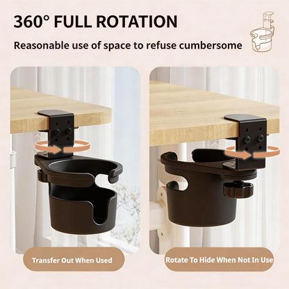 XULIONTS No Drill Desk Cup Holder Clamp, 360° Rotating Anti-Spill Table Cup Holder, Adjustable Clip on Cup Holder for Gaming Desk, Gamer Gift, Drink Holder for Coffee Cup, Office Accessories (Sleek)