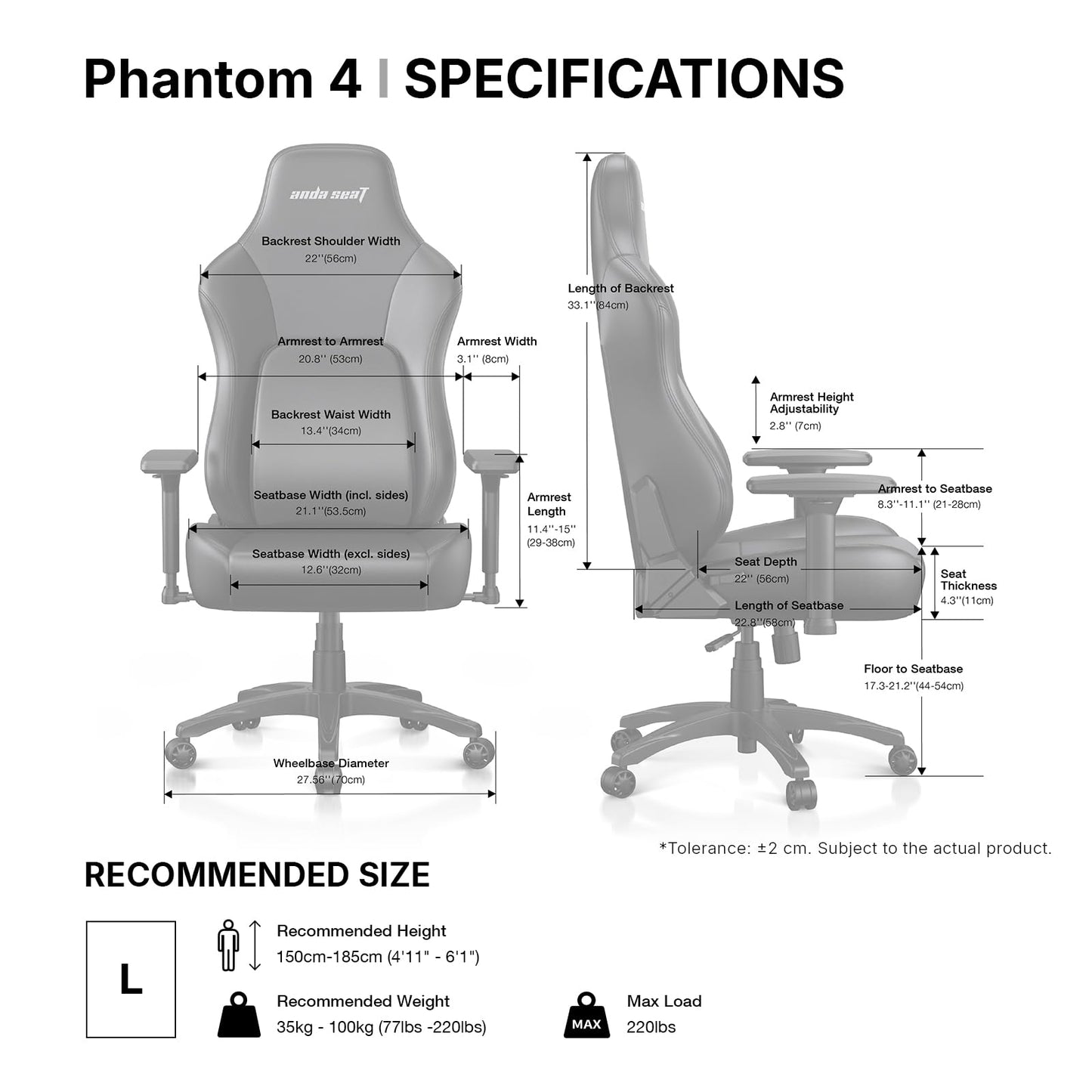 Anda Seat Phantom 4 PVC Leather Gaming Chairs for Adults - Large Wide Seat Gamer Chair with Dynamic Lumbar Support, Comfortable Ergonomic Video Game Seats with Headrest - 2D Armrests, Black