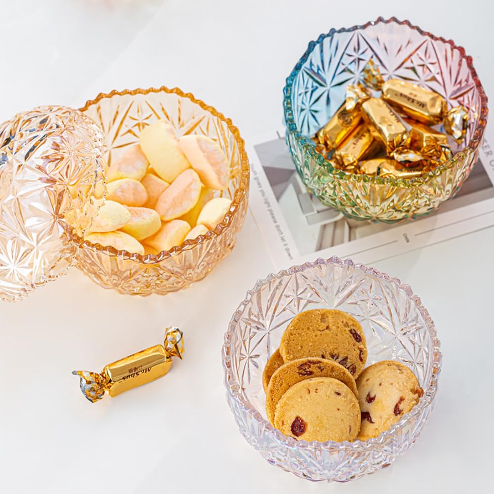 EWEIGEER Amber Crystal Glass Candy Snack Jar Fall Candy Dish Embossed Luxury Cookie Buffet Canister With Lid Jewelry Box