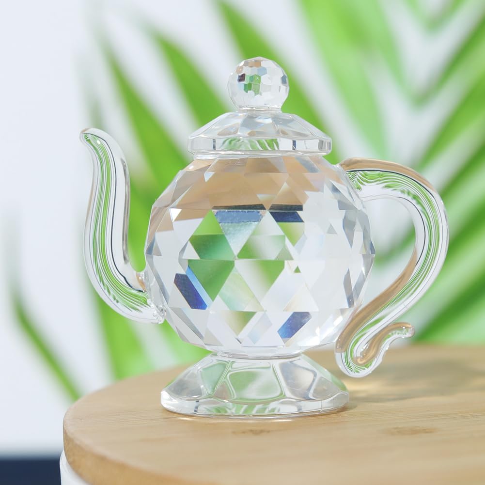 GORGECRAFT 2Pcs Crystal Teapot Figurine Clear Glass Faceted Chinese Tea Pot Display Tabletop Ornament Statue Mini Sculptures for Home Office Dining Table Centerpiece Decorations
