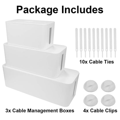 Cable Management Box - 3 Pack Cord Organizer Box for Desk - Large Medium Small Cable Box to Hide Power Strip & Wires - Pet-Safe Cord Hider for TV Computer Under Desk - White
