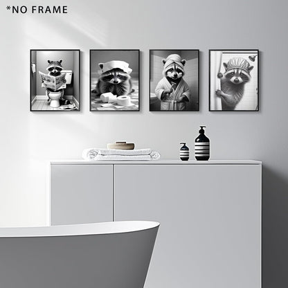 XUCVSPANTING Funny Raccoon Washroom Wall Art,Cut Bathroom Raccoon Sitting on Toilet Reading Newspaper Shaving&Paper Toilet Paper on Head Canvas Posters for Bathroom Washroom Restroom Home Decor