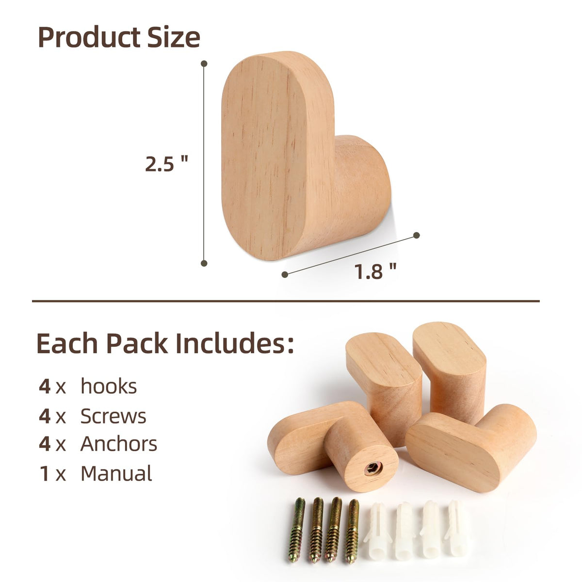 LIVESO Wood Wall Hooks, Modern Minimalist Wood Hooks Wall Mounted, Natural Wooden Wall Coat Hook Rack, Wooden pegs for Hanging Hat, Towel, Robe, Bag (Pack of 4pcs)