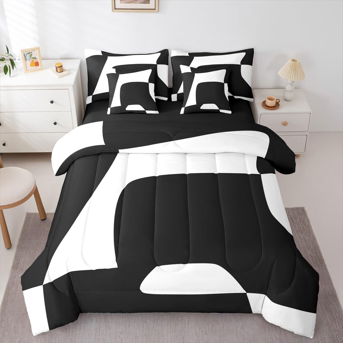 Erosebridal Black and White Abstract King 7-Piece Bedding Set for Adult Women Men Boho Geometric Striped Comforter Set Modern Art Bed in a Bag Simple Aesthetic Modern Bed Collections