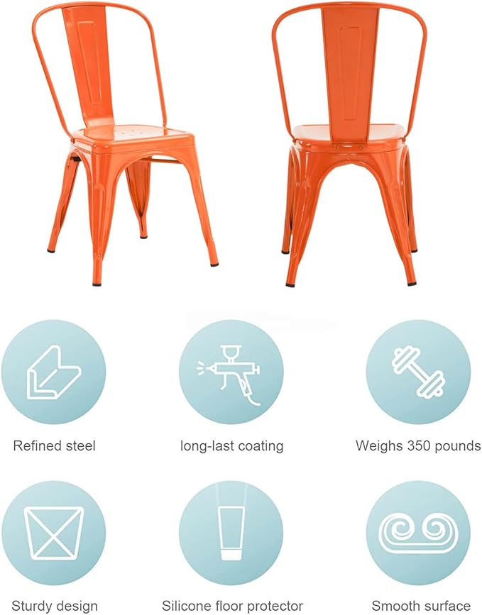 Nazhura Metal Dining Chair Farmhouse Tolix Style for Kitchen Dining Room Café Restaurant Bistro Patio, 18 Inch, Stackable, Waterproof Indoor/Outdoor (Sets of 4) (Orange, Steel Seat)