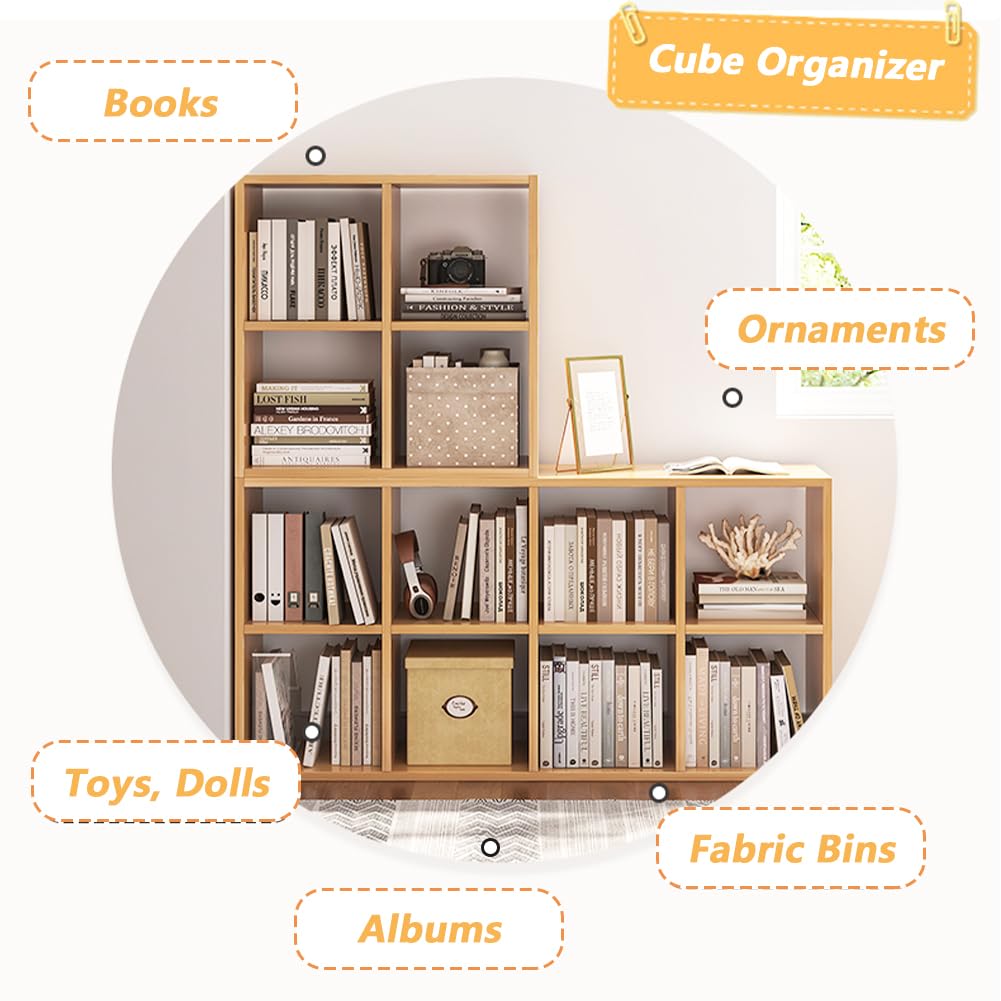 NELYE 4 Cube Organizer Bookcase - Fabric Storage Bins Container, Open Shelf Simple Compartments Bookshelf, Oak