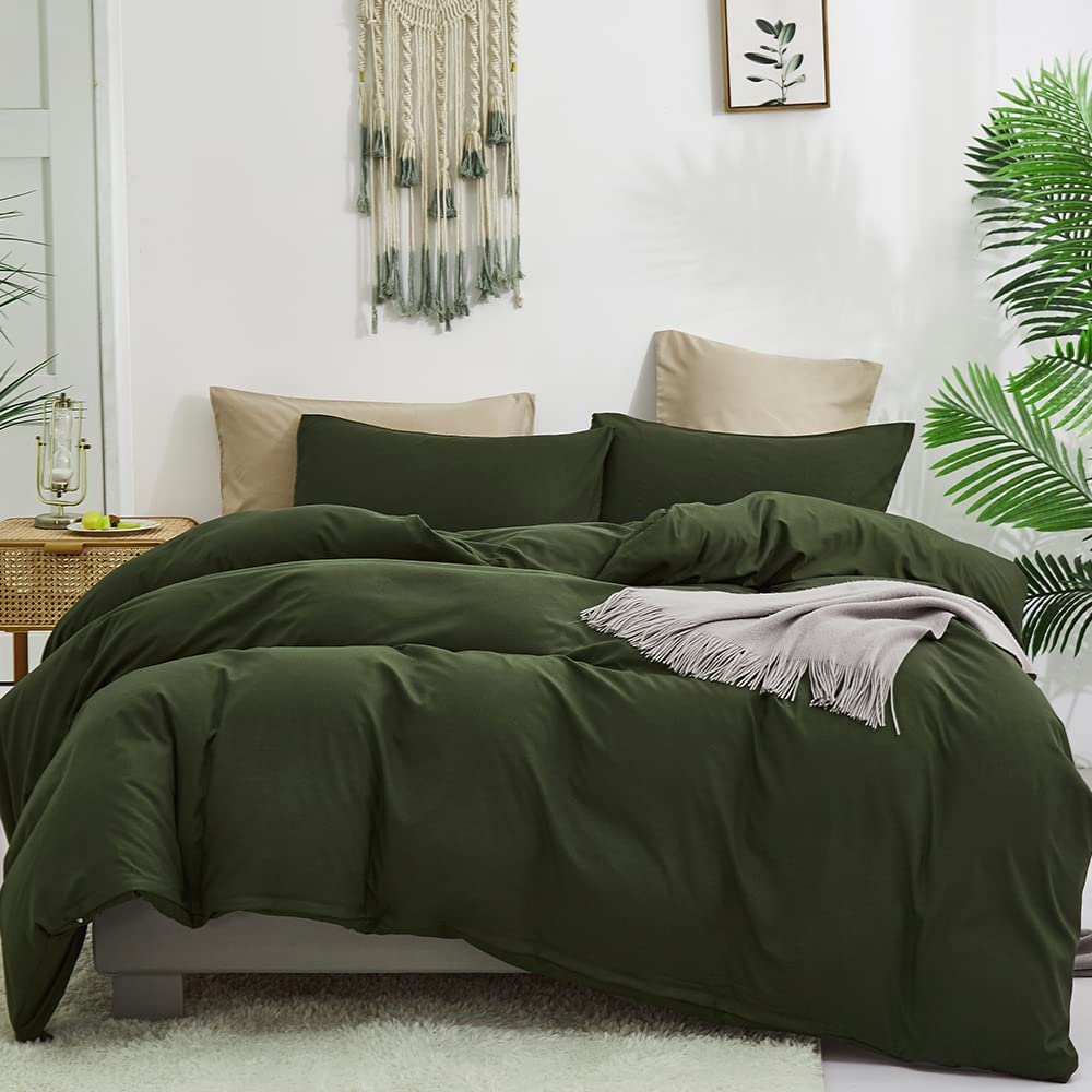 CLOTHKNOW Army Green Duvet Cover Set Queen Olive Bedding Sets Full Soft Dark Green Bedding Queen Hunter Green Bedding Duvet Cover Sets