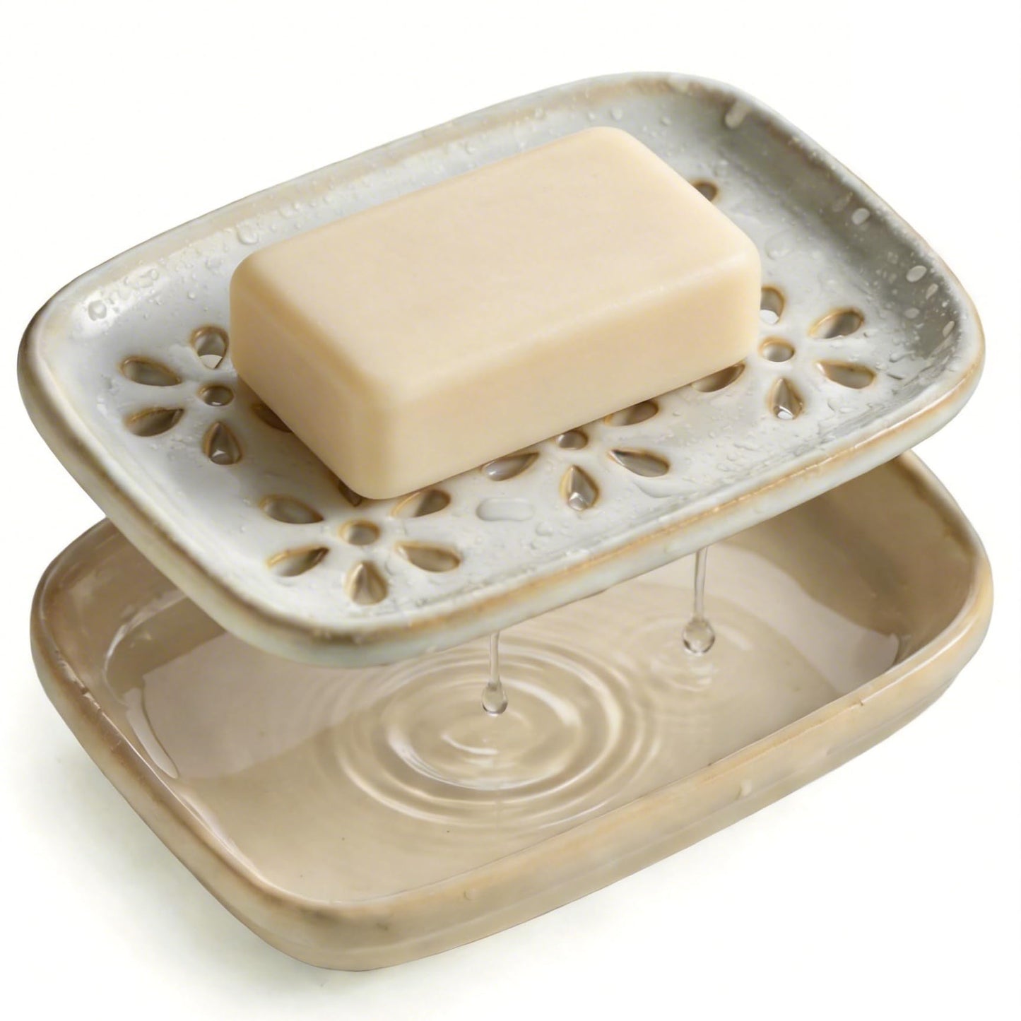 Miamolo Soap Dish for Shower with Drainage, Double Layer Bar Soap Holder, Ceramic Soap Saver Sponge Holder for Bathroom, Tub and Kitchen Sink, Slotted Draining Soap Dishes Extend Soap Life, Beige