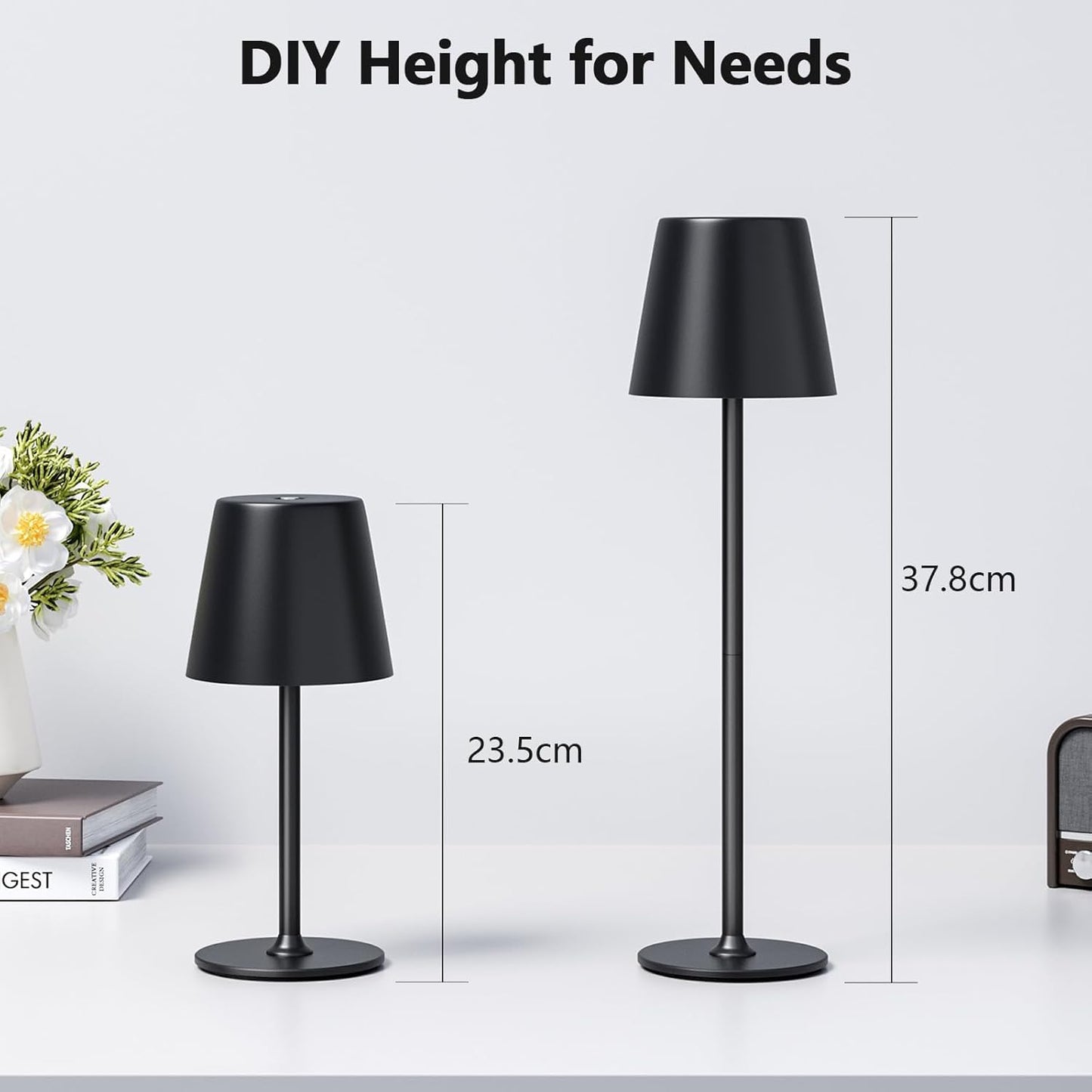 Holyask Cordless LED Table Lamp, Touch Dimmable Bedside Night Light, Rechargeable USB, Full Metal Body, Dual Battery, IP54 Waterproof – Black