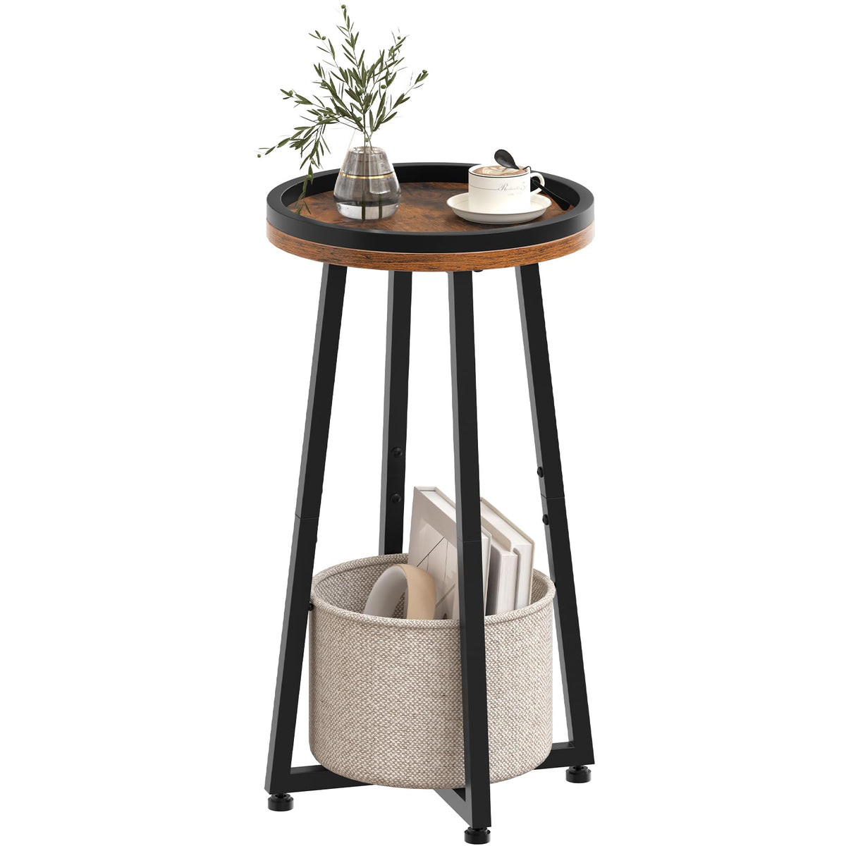 HOOBRO Small Round Side Table, 2-Tier Round Sofa End Table, Compact Nightstand with Cotton Linen Storage Basket, for Small Space, Living Room, Bedroom, Dorm, Rustic Brown BF183BZ01