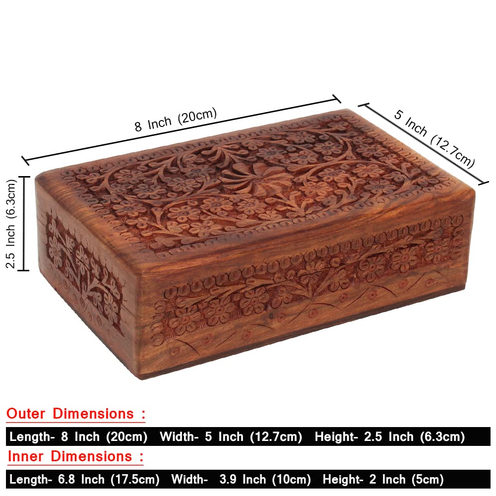Ajuny Wooden Handcarved Decorative Jewelry Storage Box Flower Design Multipurpose Treasure Chest Keepsake Organizer Necklaces Watch Boxes Great for Gifts 8x5 Inch