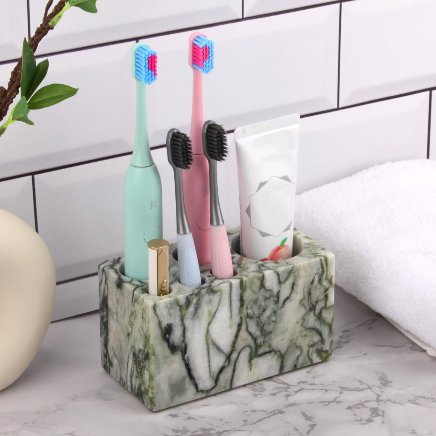 Natural Marble Toothbrush Holder,Large Bathroom Organizer Countertop,Stone Toothbrush and Toothpaste Stand with Non-Slip Silicone Pads (1,Green Emerald,6 Slots)