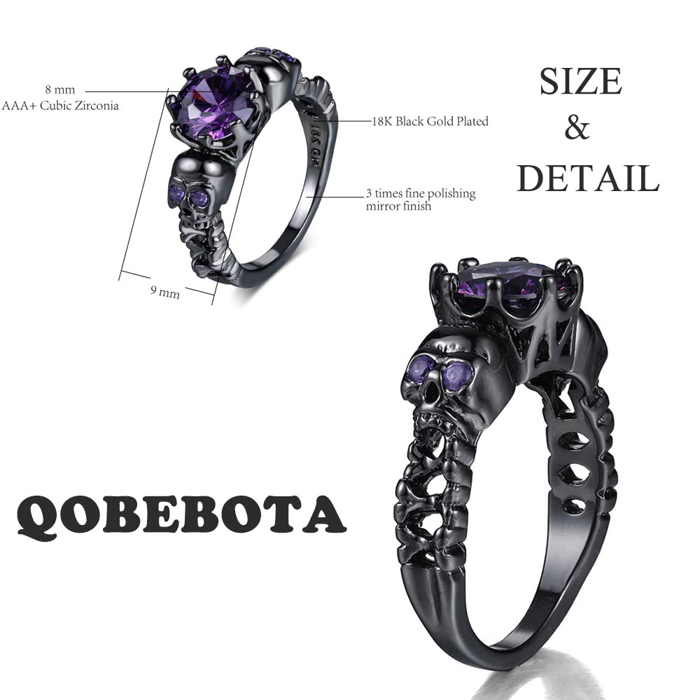 QOBEBOTA Gothic Jewelry Skull Black Rings for Women Halloween Skeleton Witchy Ring Goth Accessories Purple Cubic Zirconia Cool Grunge Ghost Band Statement Size 8 Rings for Women