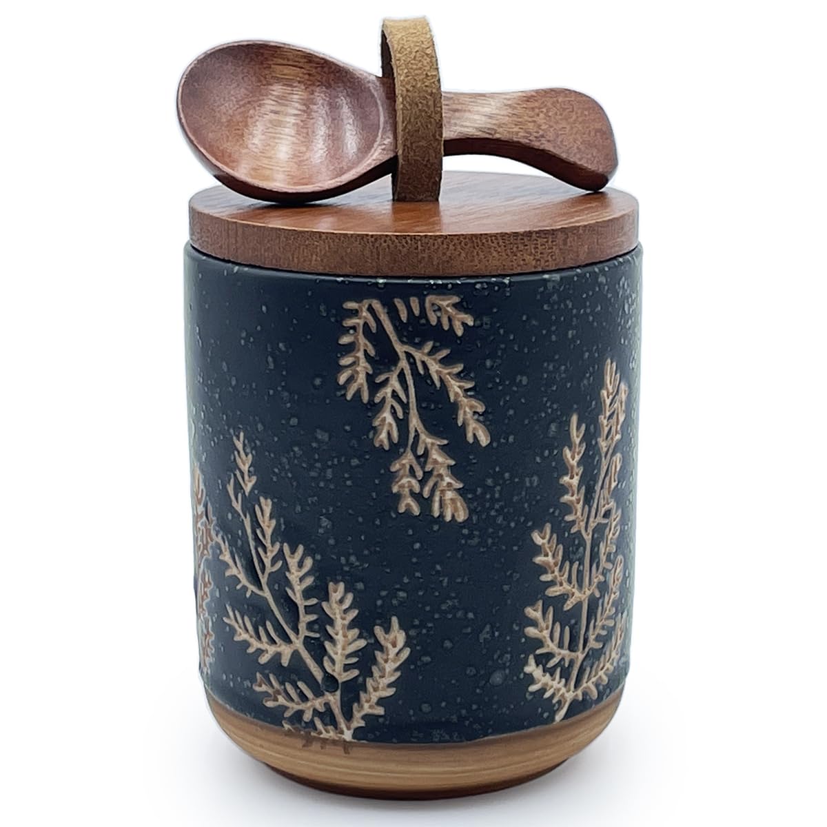 EWEIGEER 10oz Ceramic Airtight Food Storage Container with Wooden Spoon for Sugar,Matcha,Salt,Coffee,Spices,Cat Treat,Loose Leaf Tea(Black Botanical Fern Pattern)