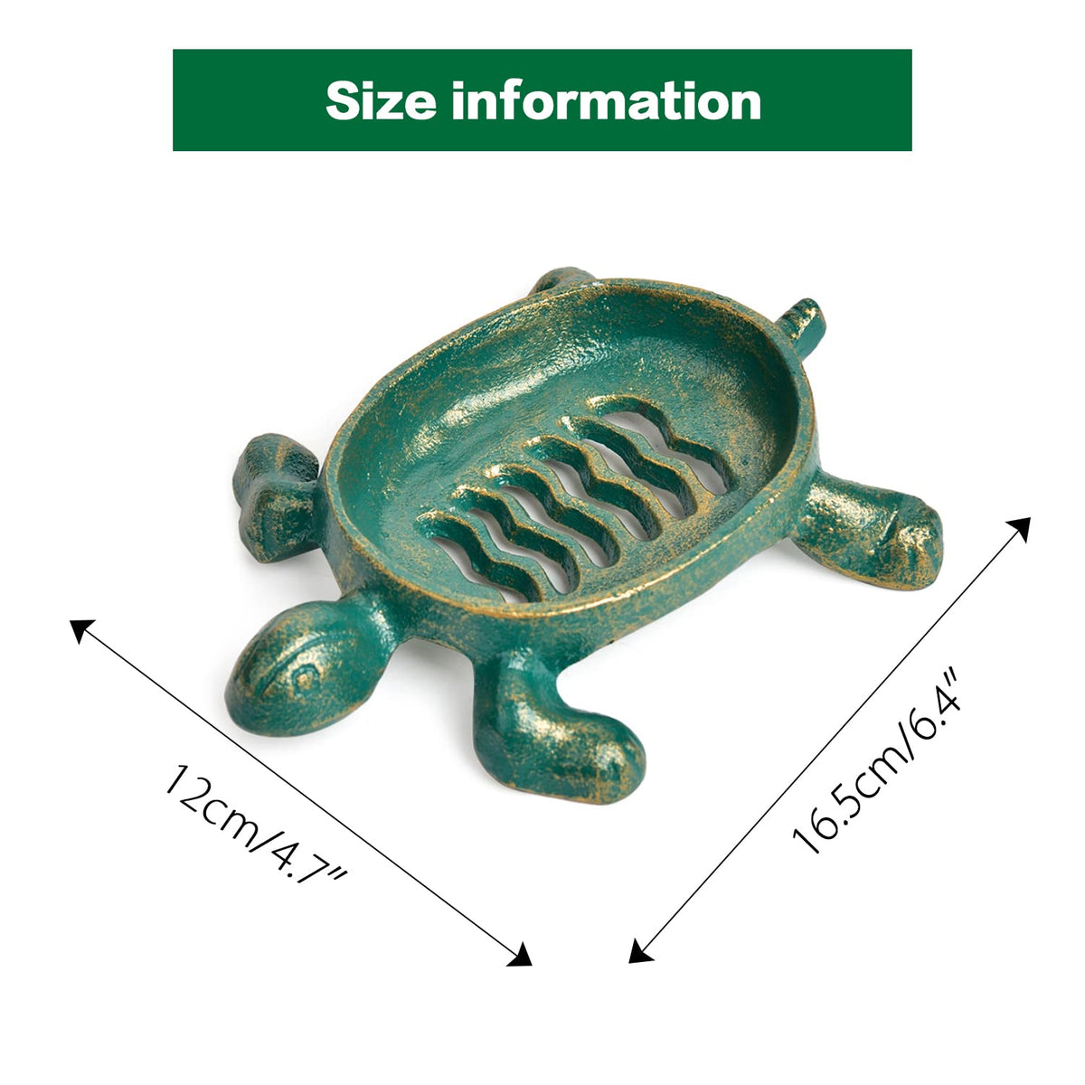 Sungmor Heavy Duty Cast Iron Drainable Soap Holder - Lovely Tortoise Shaped & Antique Green & Gold Finish - Kitchen Bathroom Sink Soap Dish Tray - Practical & Decorative Tabletop Soap Box Container