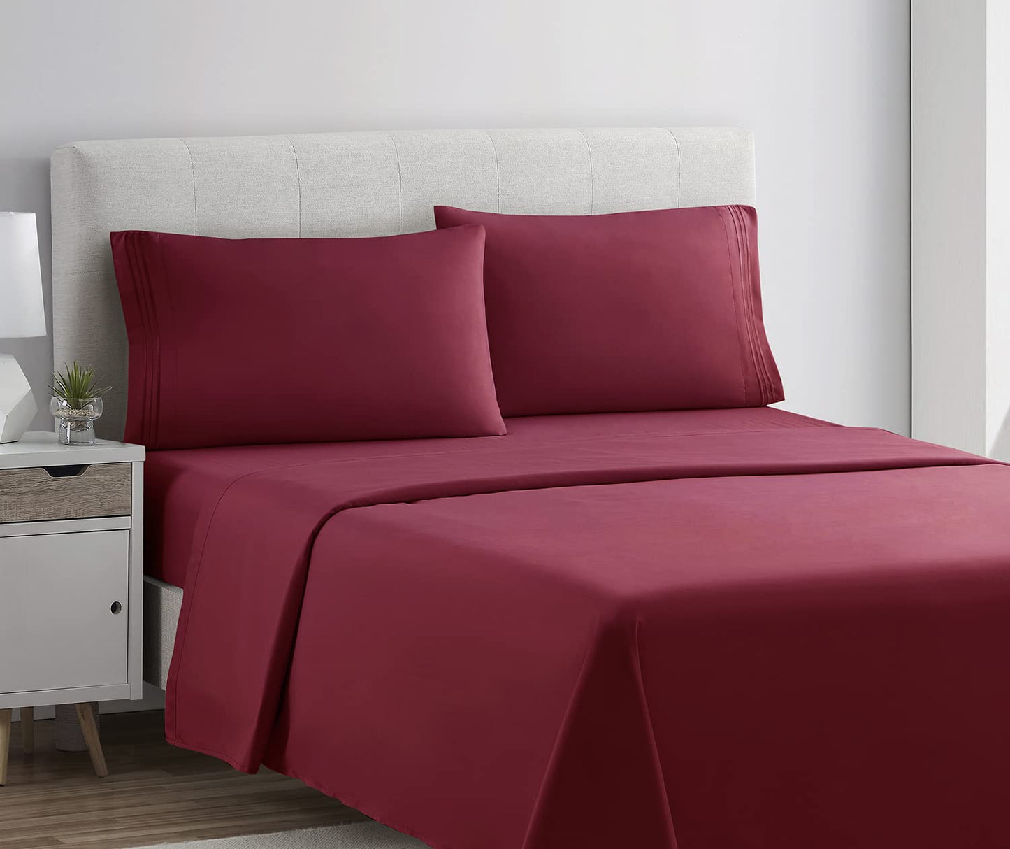 Clara Clark 1800 Premier Series 4pc Bed Sheet Set - King, Burgundy Red