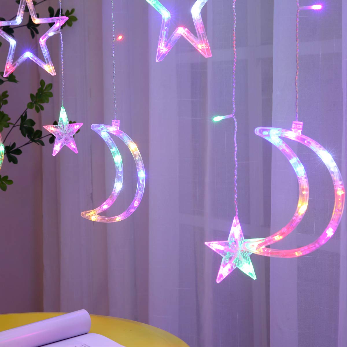 ALFEUND 138 Led Curtain String Light Star Moon Icicle Light with 8 Lighting Modes with Timer Remote USB Operated Dimmable Fairy String for Window Wall Home Decoration