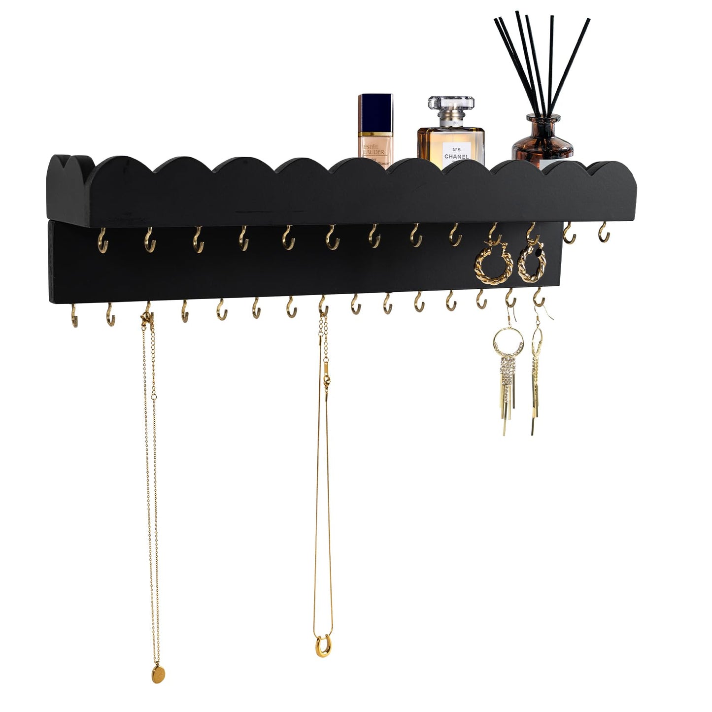 Lampaggio Wall Mount Jewelry Organizer with 28 Hooks and Cosmetics Shelf, Modern Wood Hanging Jewelry Holder for Necklaces, Bracelets, Earrings and Rings, Black