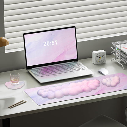 Gaming Desk Mat with Keyboard Wrist Rest Set, 4 in 1 Large Mouse Pad & Cloud Keyboard Wrist Rest& Mouse Wrist Rest&Coaster, Comfort and Support for Typing and Gaming(Purple Gradient)