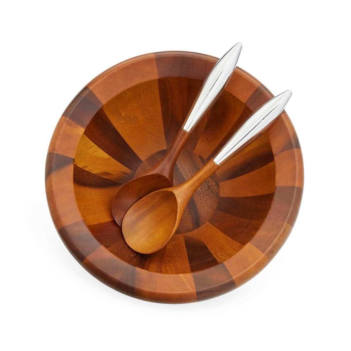 Nambe Yaro Acacia Wood Salad Bowl with 2 Salad Servers | Made of Acacia wood Alloy | Large Deep Wooden Bowls | Acacia Wood Salad Bowl Set | Designed by Sean O’hara