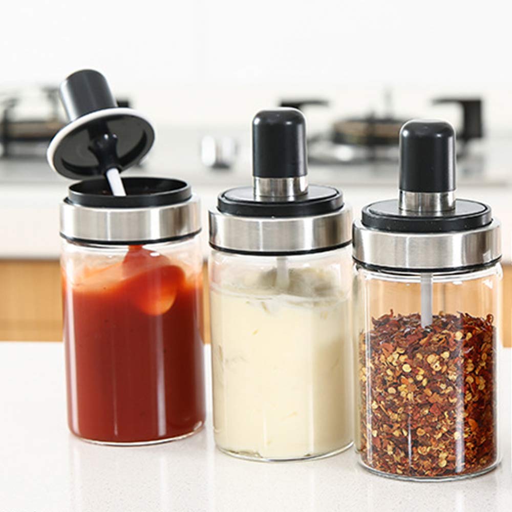 TENTA KITCHEN 3 High Borosilicate Glass Spice Jars Seasonning Box Jar Condiment Jar, Combination Spoon and Lid Design, Premium Commercial Grade, Empty Jars 8.45 oz, Airtight Cap.