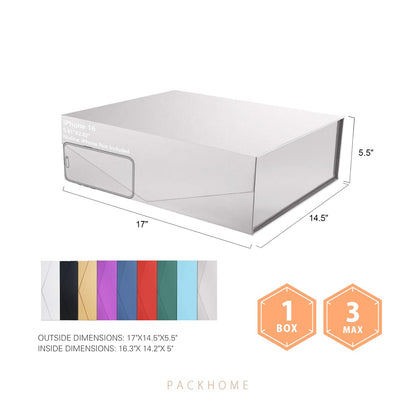PACKHOME 17x14.5x5.5 Inches, Extra Large Gift Box with Lid, Magnetic Closure Box for Clothes and Large Gifts (Glossy Silver with Grass Texture)