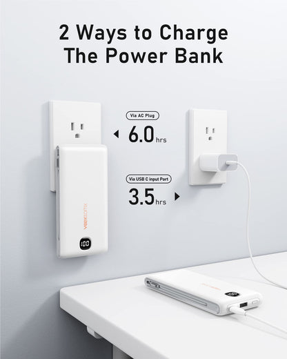 VEEKTOMX Portable Charger with Built in Cables 10000mAh, Power Bank for iPhone with AC Wall Plug, Fast Charging USB C Slim Battery Pack with LED Display Compatible with iPhone 17/16/15/14, Samsung