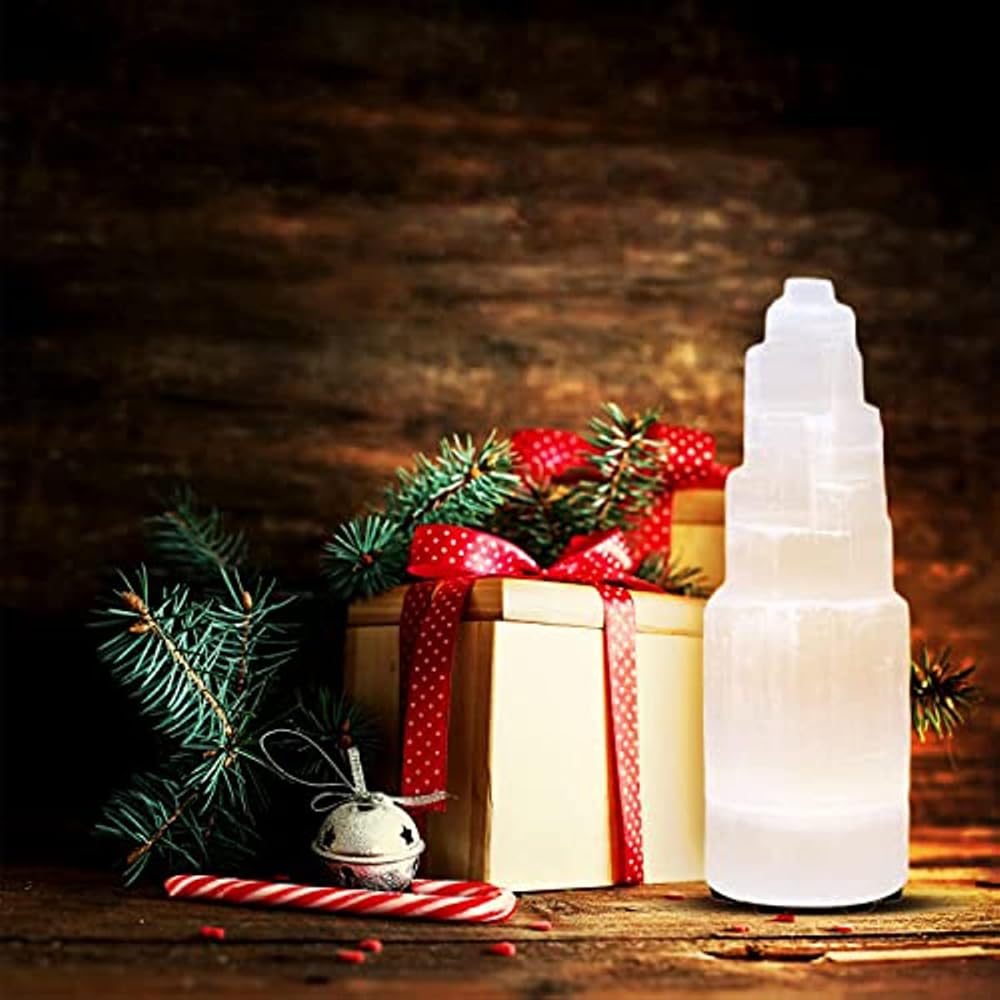 Natural Selenite Crystal Selenium Skyscraper Tower Carving Statue Home Decoration Stone Gypsum Tower for Home Decor Ornaments (15cm-1pcs)