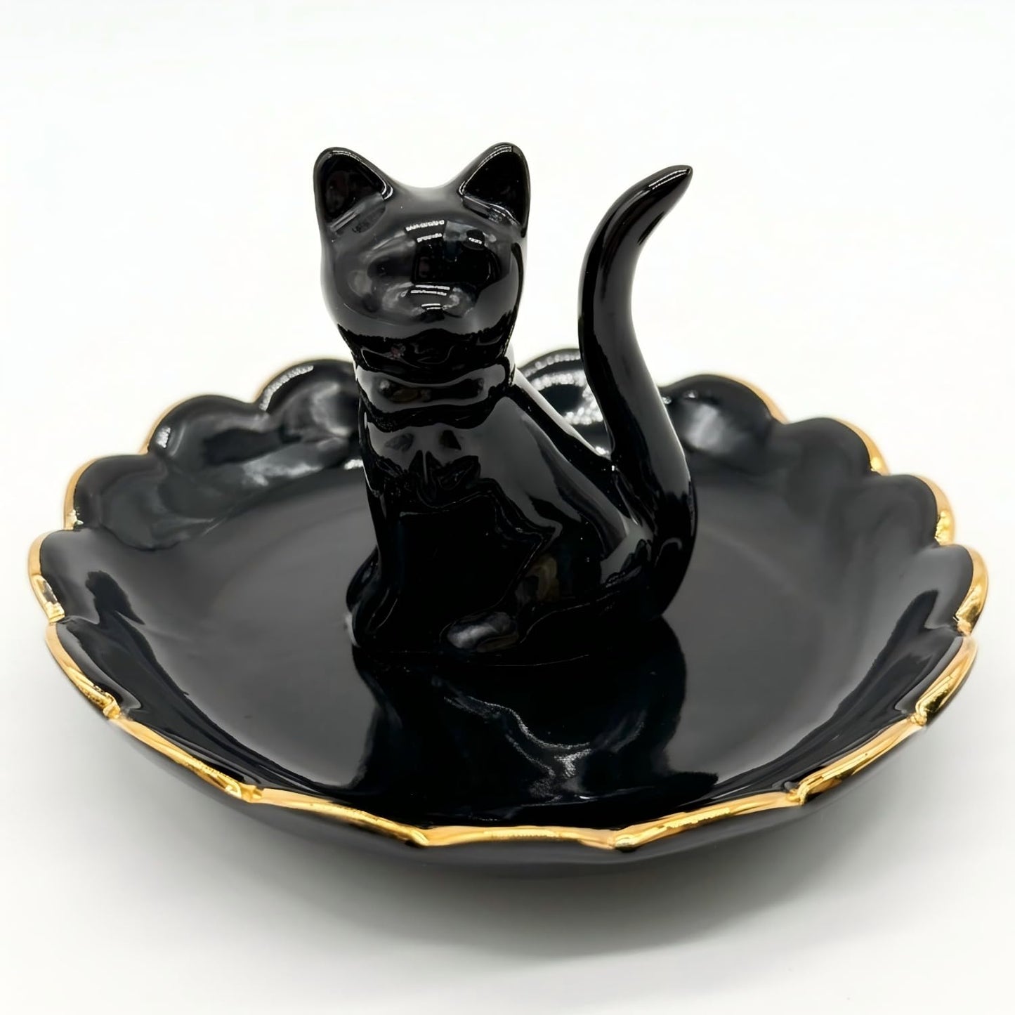 ROSA&ROSE Cat Ring Holder Trinket Tray Ceramic Jewelry Dish Porcelain Ring Organizer,Gift for Women,Girlfriend,Wife,Birthday or Anniversary(Black bow)