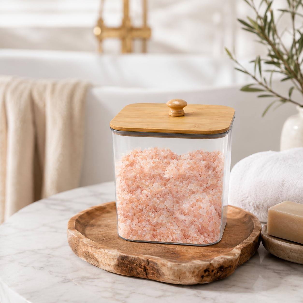 Yomjarl Bath Salt Container,2 Pack Clear Plastic Storage Bathroom Canisters with Wooden Lids & Handle,Airtight Bath Salt Dispenser Jars for Bathroom Organization Accessories,Bathtub Decor Box
