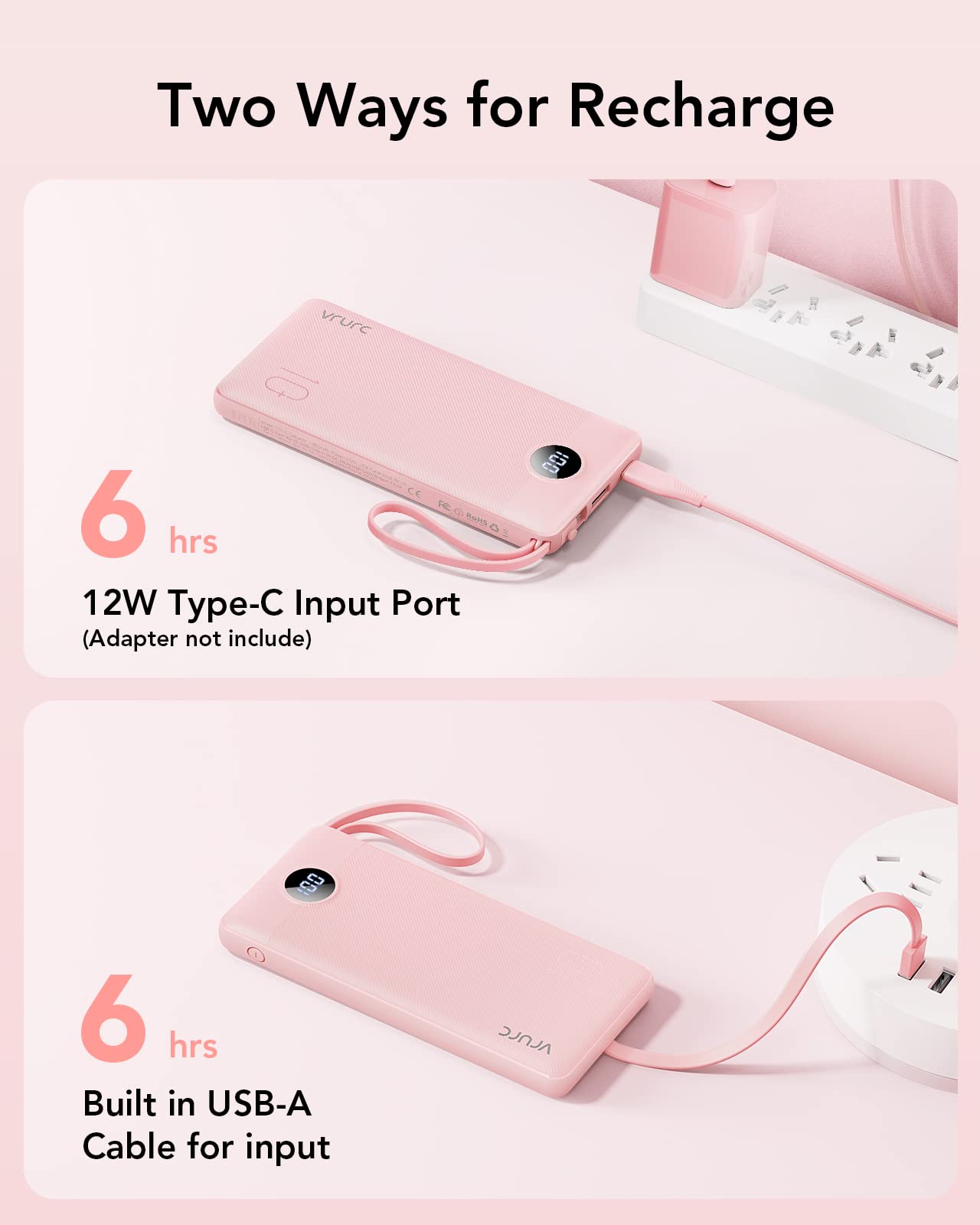 VRURC Portable Charger with Built in Cables, Slim Power Bank 10000mAh, USB C Battery Pack Travel Essential, 5 Outputs 2 Inputs Phone Charging Bank for iPhone 16 15 14 13,Samsung,Android-Black(1 Pack)
