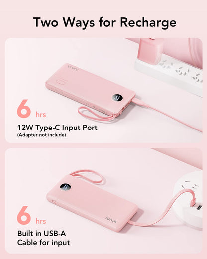 VRURC Portable Charger Power Bank, 10000mAh Travel Essentials Battery Pack, Compact Charging Bank Built-in Cables Cords Compatible with iPhone 17 Pro 17 16 15 14 13, Samsung Phones-Pink(1 Pack)