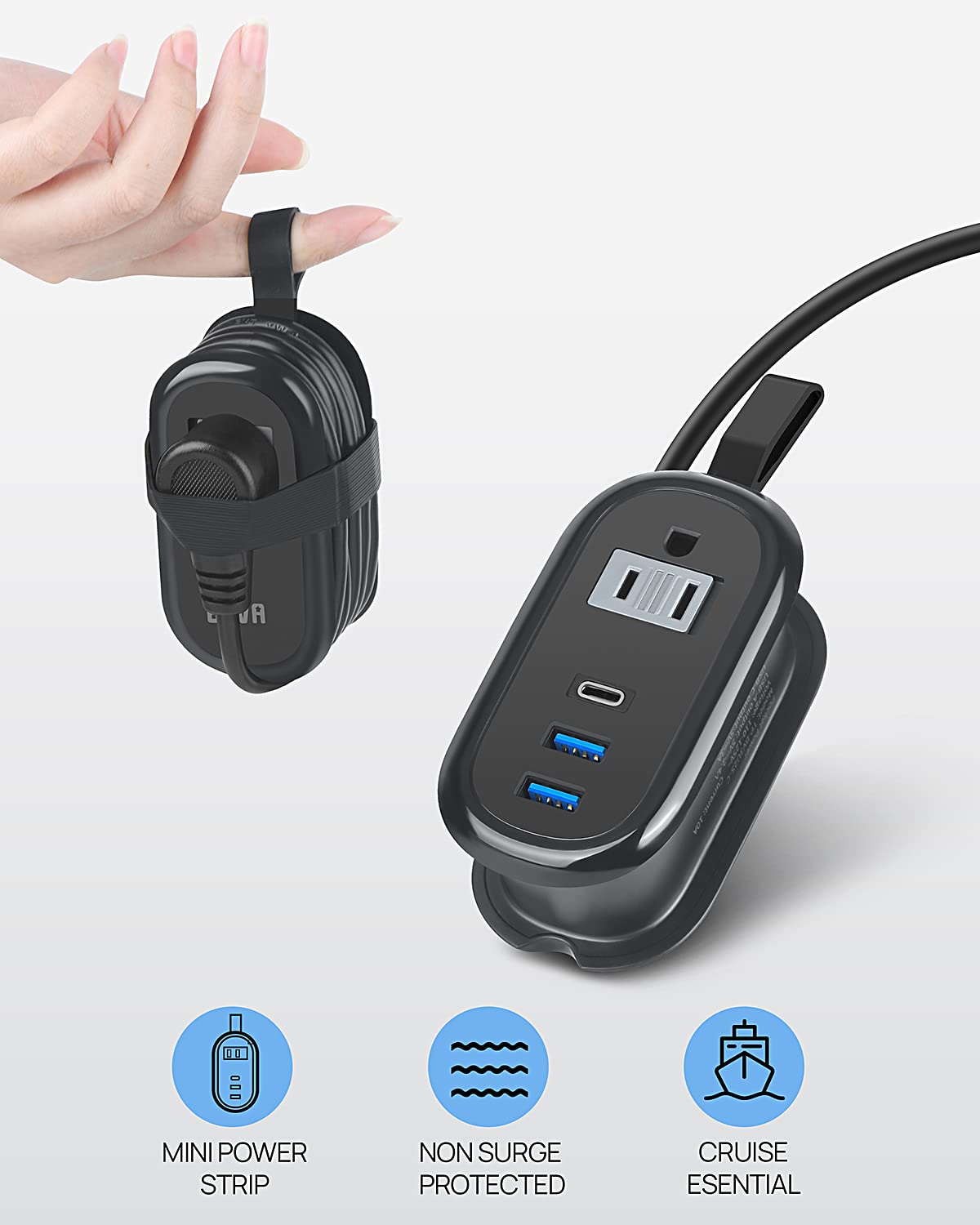 BEVA Travel Power Strip with USB Ports, 4FT Travel Flat Plug Extension Cord, Fast Charge PD 20W 2 Outlets 3 USB Ports, Non Surge Protector for Cruise Ship Travel Essentials(PD20W Charge Black)