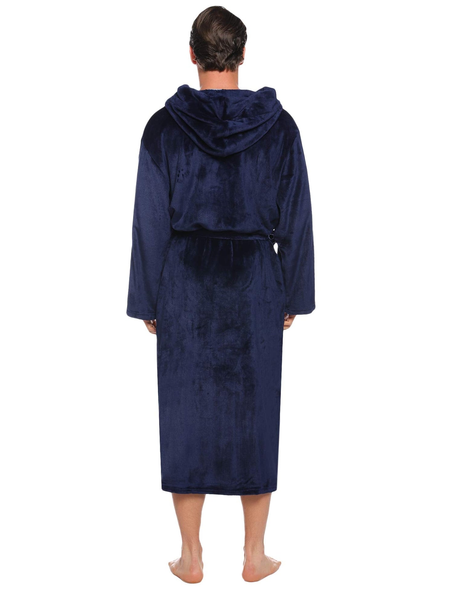 Vlazom Men Dressing Gown, Flannel Soft Bathrobe Cosy Warm Robes Fluffy Hooded Housecoat forWinter Loungewear, A-navy, XXL