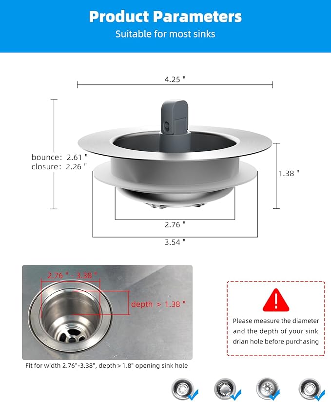 Hibbent 2 Pack 3 in 1 Kitchen Sink Drain Strainer and Stopper Combo, Stainless