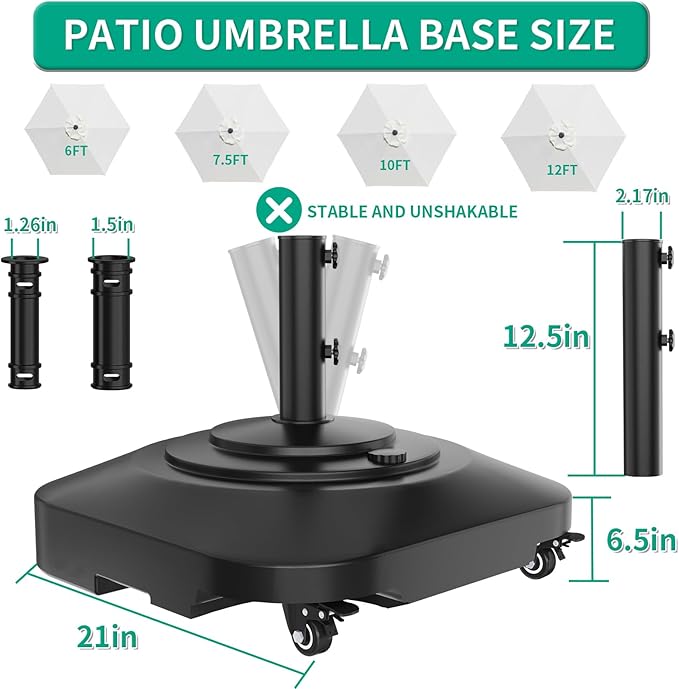 Umbrella Base with 5 Wheels, Upgraded 145lb Umbrella Stand Base, Heavy Duty & Windproof, Fillable Umbrella Base Mobile Umbrella Outdoor for Patio, Deck, Poolside, Lawn, Fits Most Sized Umbrellas