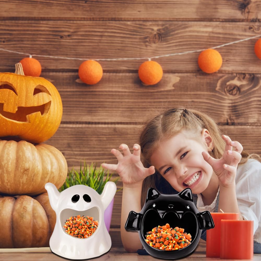 DIYDEC 2pcs Halloween Candy Bowls, Halloween Candy Dish Candle Holder Bat Ghost Ceramic Dish for Tiered Tray Ornament Tableware Party Decor