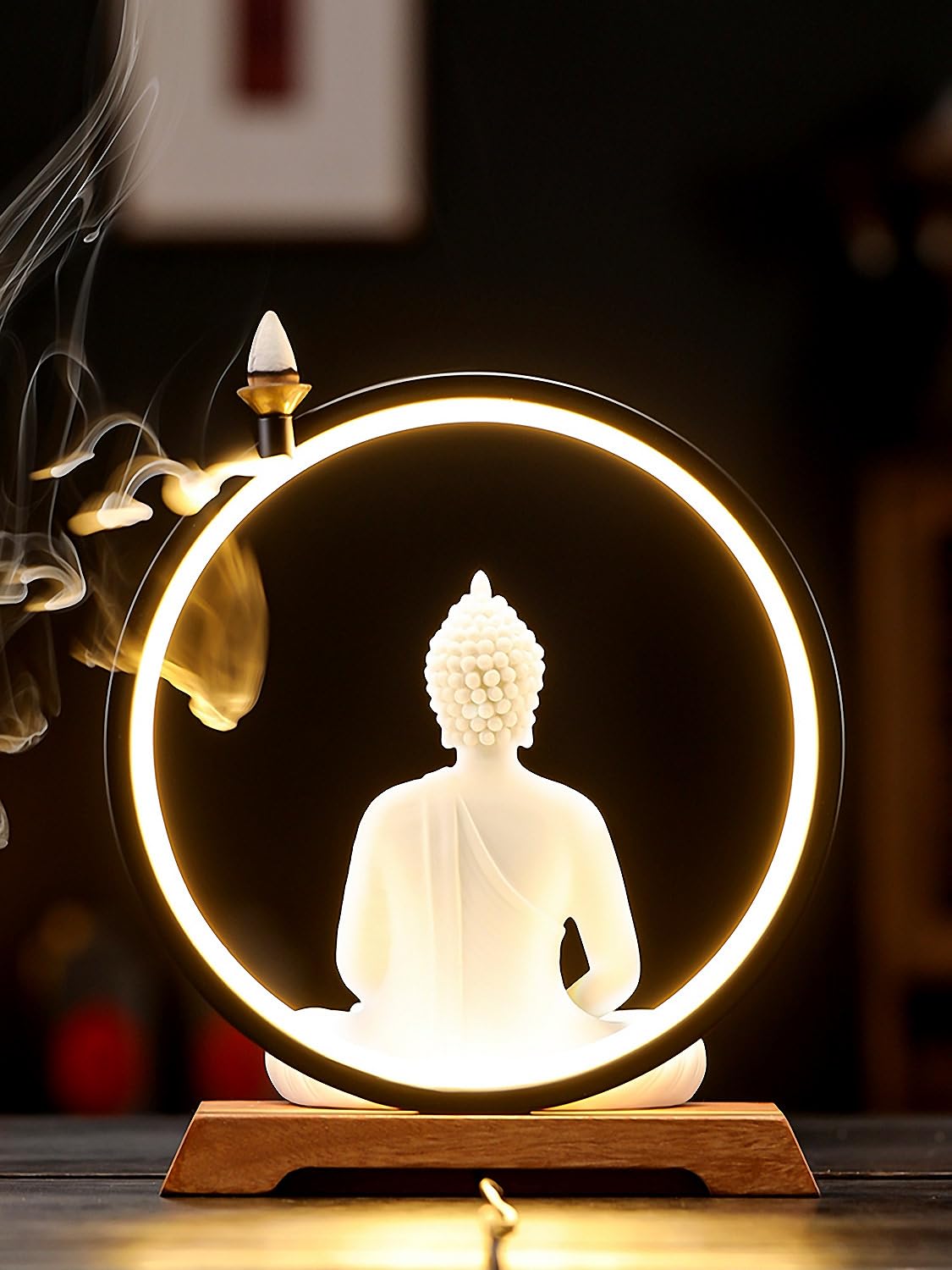 Dyware 8.8 Inch LED Buddha Statue for Indoor, White Ceramic Small Buddha Statue with LED Light for Home Decor