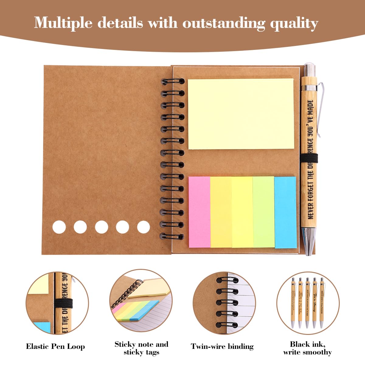 30 Sets Employee Appreciation Gifts Bulk Team College Graduate Thank You Gifts Inspirational Spiral Notebook with Sticky Note Motivational Bamboo Ballpoint Pens for Nurse Teacher Employees Coworker