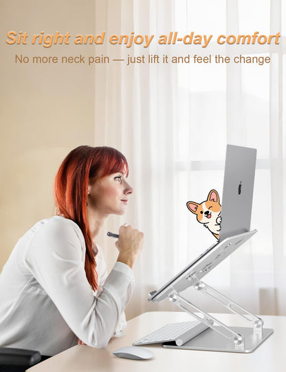 Aoviho Laptop Stand for Desk-Adjustable, Foldable, Portable, Ergonomic Aluminum Notebook Riser with Unique Puppy Cooling Vent, Desk Gift for 10"-17.3" Devices Mac, Dell, HP, Lenovo, Samsung, Silver
