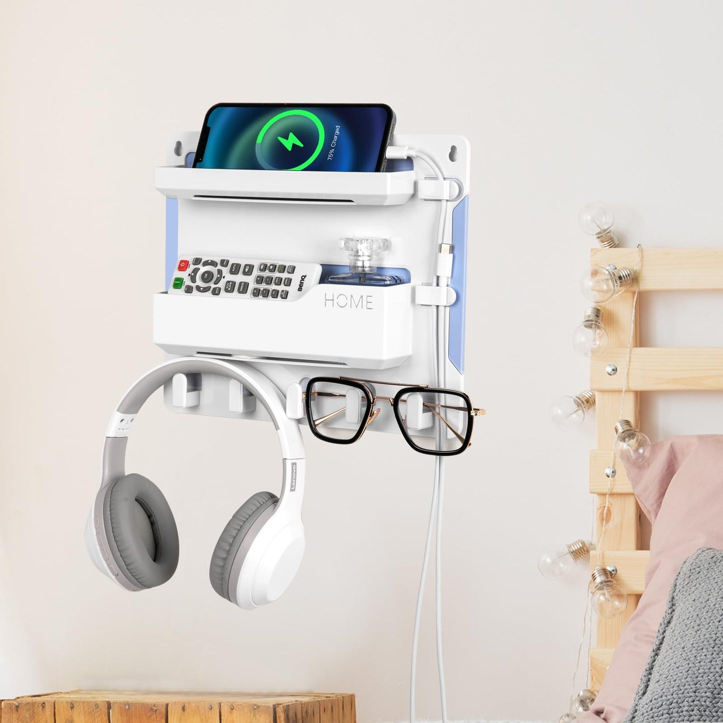 YONGAIJIA Bedside Wall Mount Shelf, Adhesive Organizer for Remote, Phone, Glasses. Accessories Storage Suitable for College Dorm, Bunk Bed, Bedroom, RV (White)