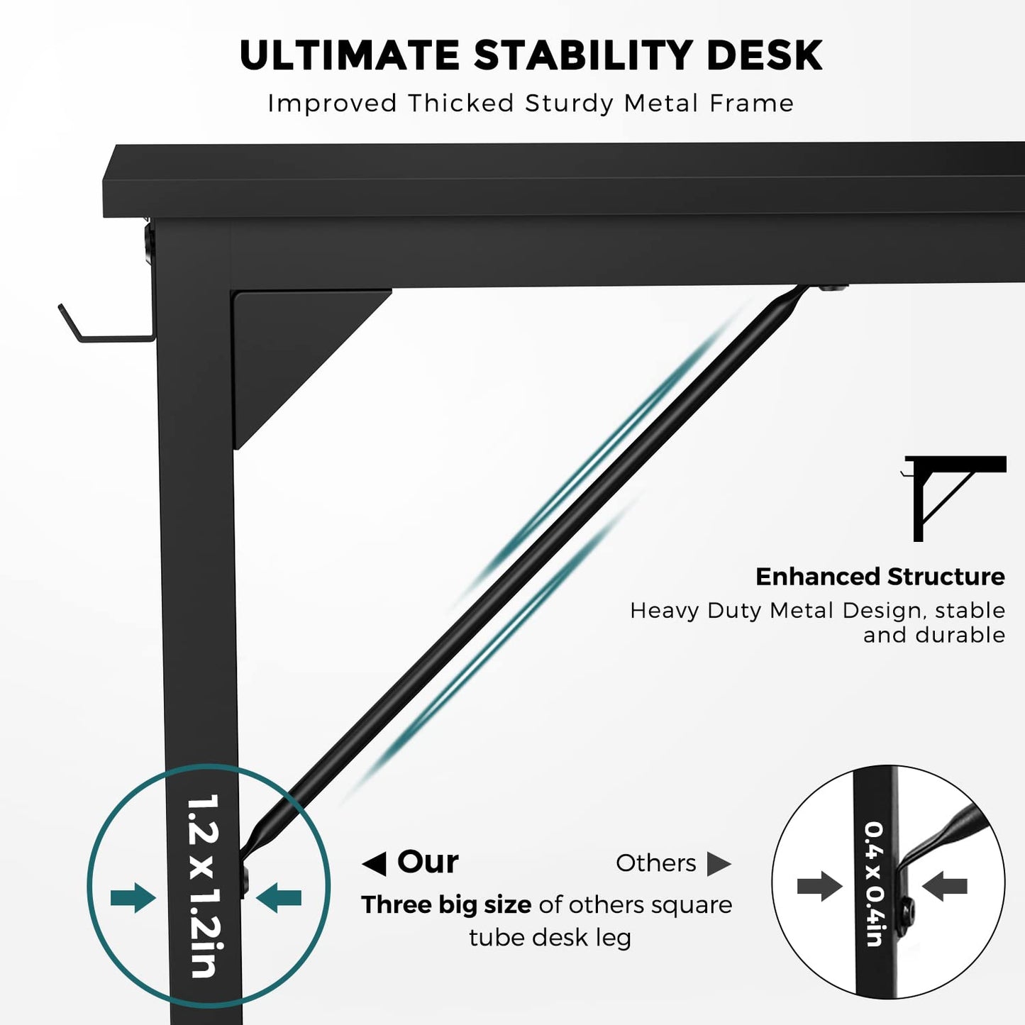OLIXIS Computer Office Desk, 48 Inch Writing Work Study PC Wood Modern Desk with Storage Bag & Headphone Hook Simple Bedroom for 2 Person Kids Student Table, Black